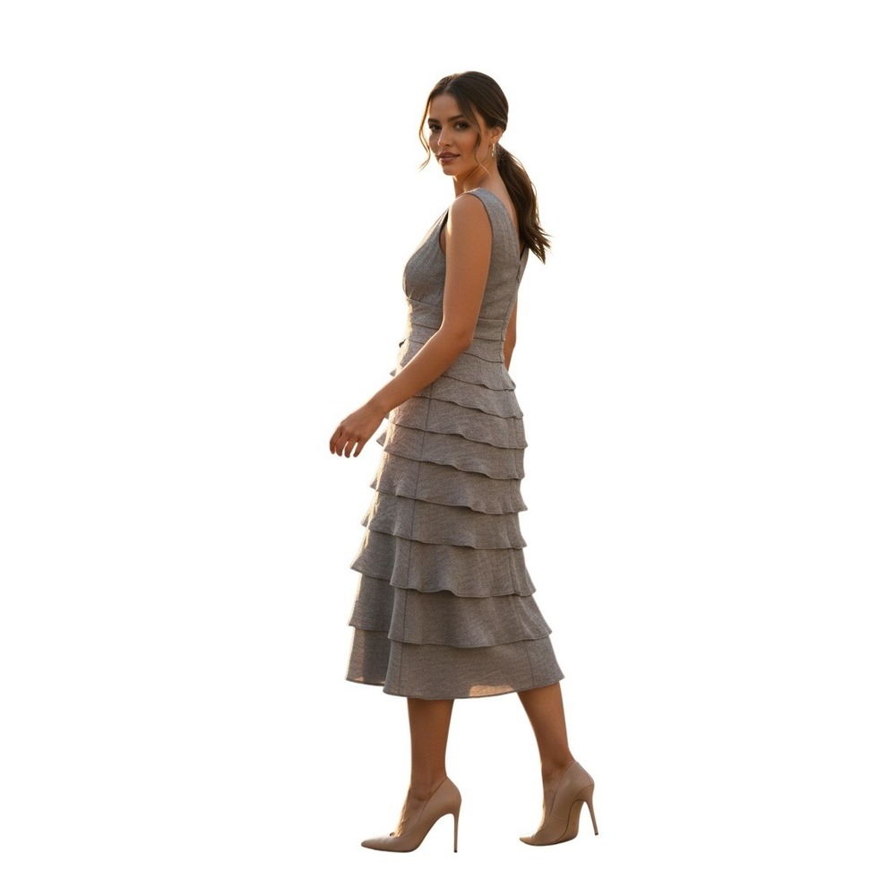 London Times Grey Tiered Petal Cocktail Dress V-Neck Metallic S Svr $138 Wedding